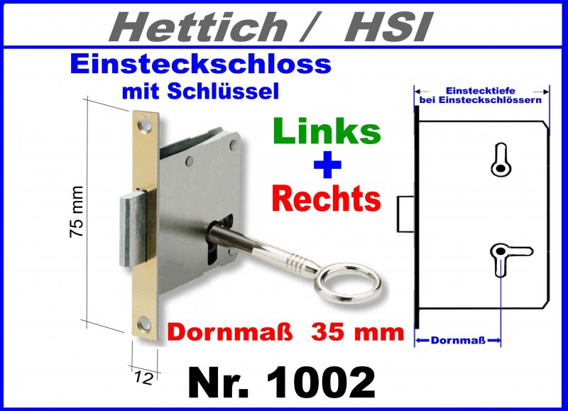 MöbelEinsteckschloss 75mm Dorn 35mm beidseitig Nr