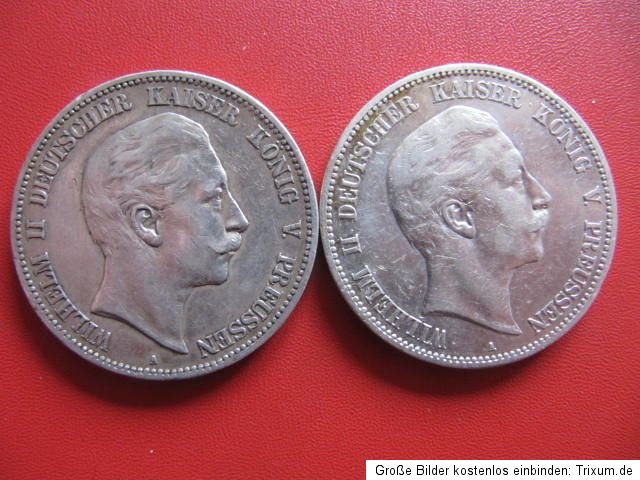 Kaiserreich 5 Mark 1903A + 1907A Silbermünzen Wilhelm II. Preußen vz