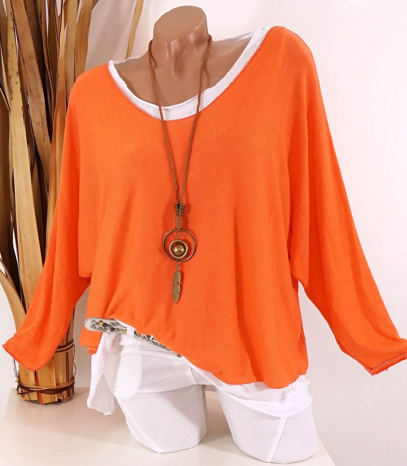 Made in Italy Shirt Damen 2tlg Kette orange weiß