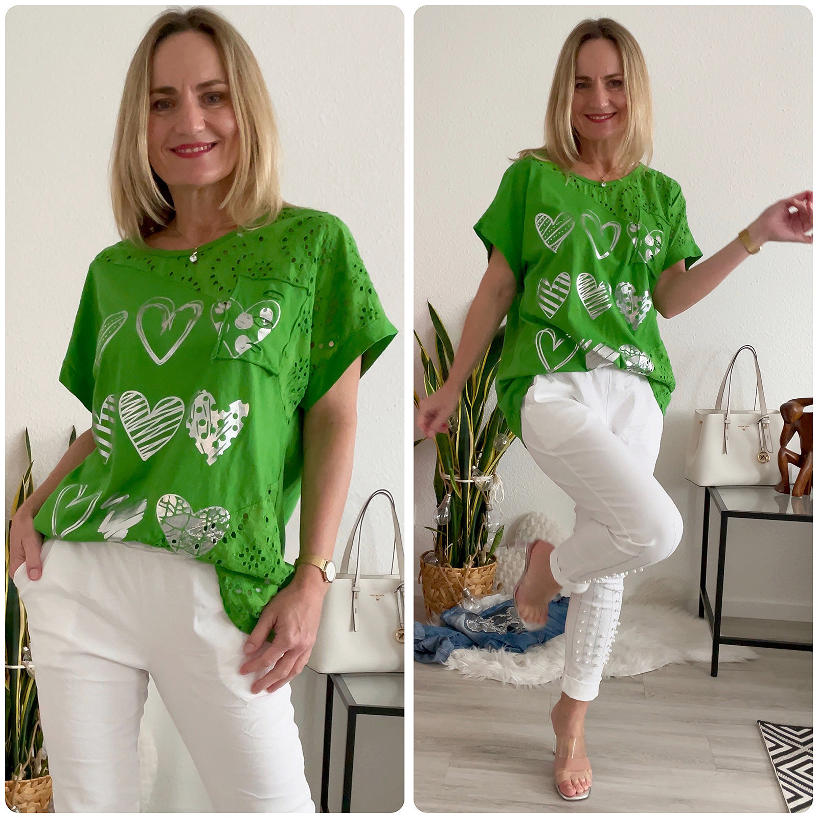 Made in Italy grün Shirt mit Lockstickerei Spitze vintage Herz