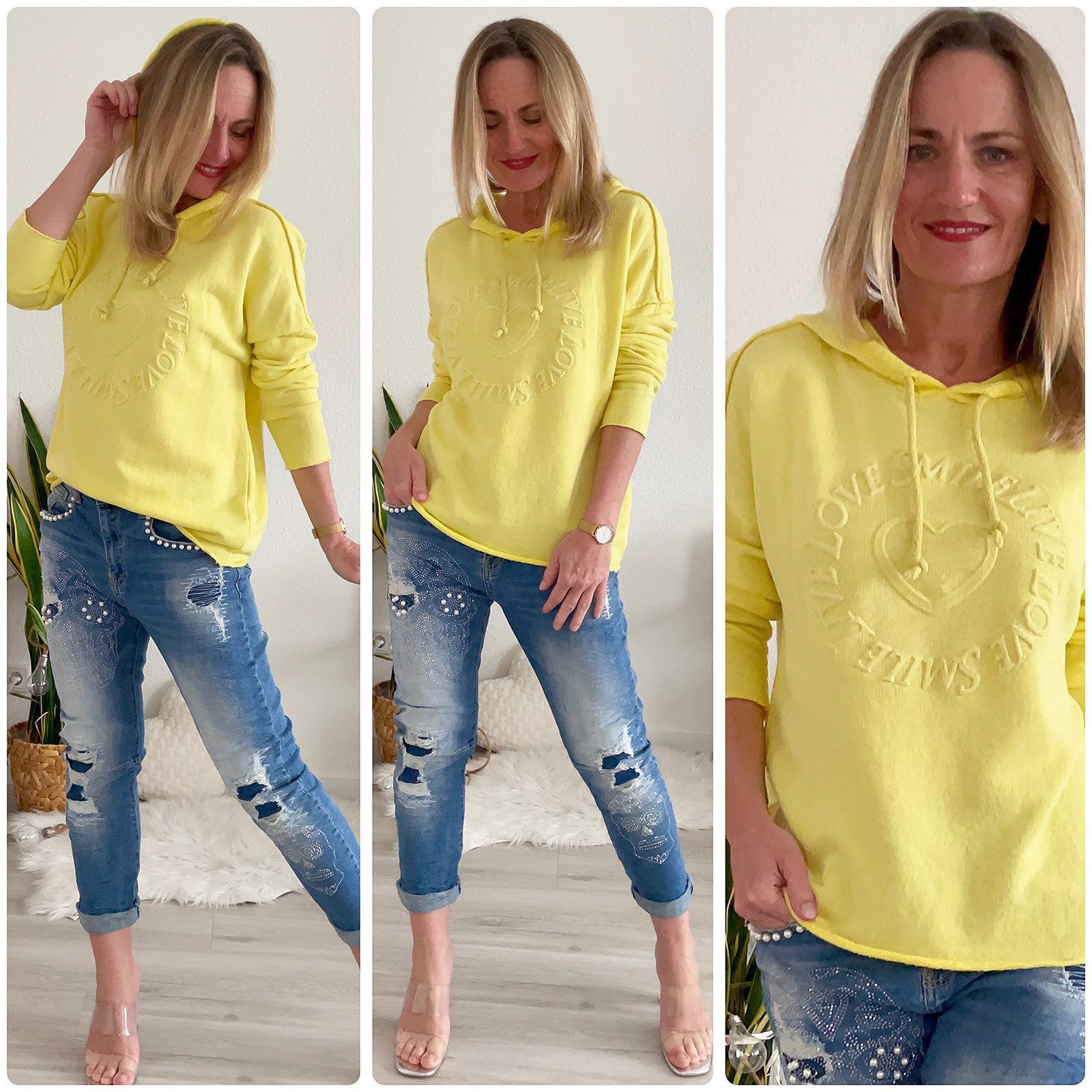 Damen Italy Hoodie Sweatshirt gelb 3D LOVE Made in Italy Damenmode 2023