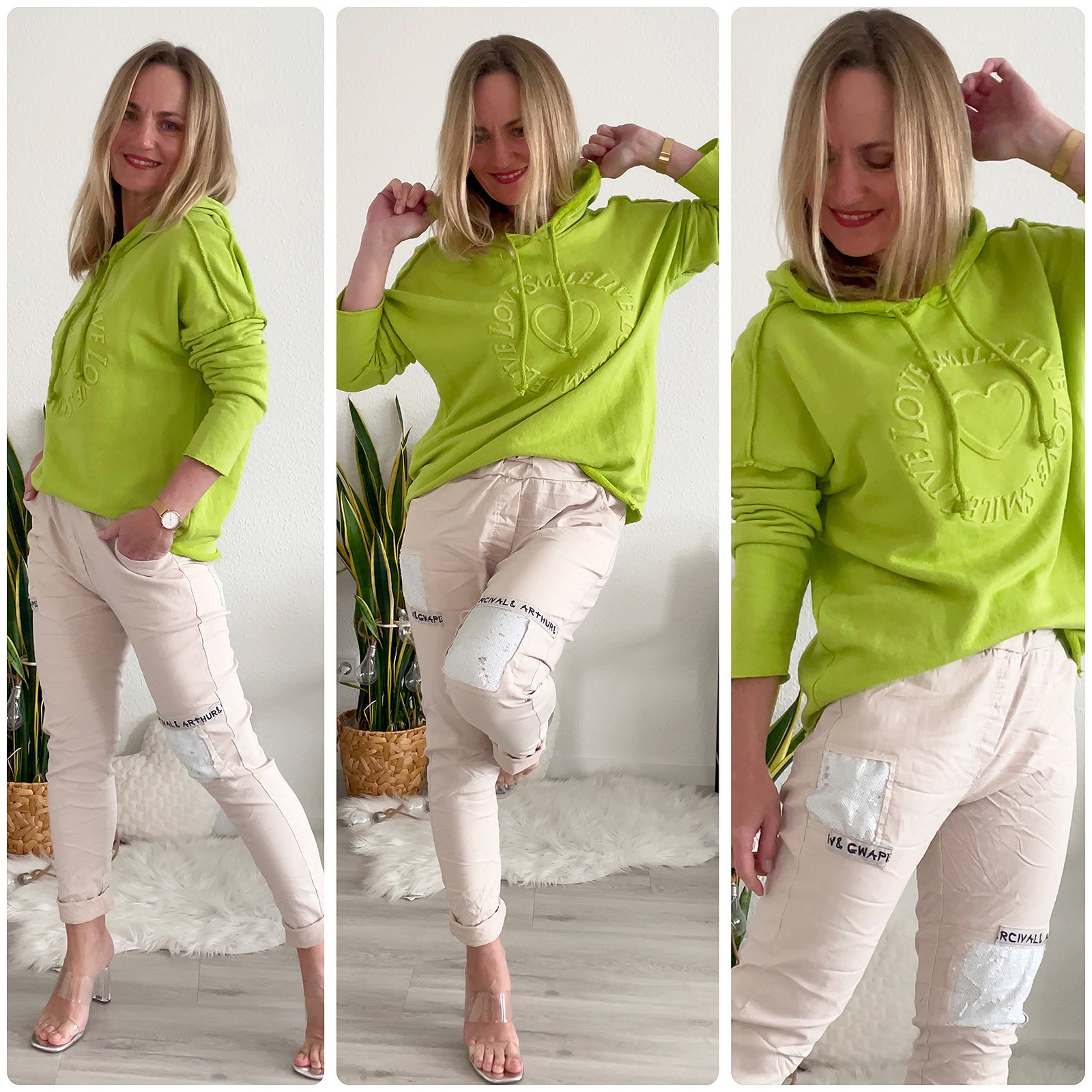 Damen Italy Hoodie Sweatshirt limette 3D LOVE Made in Italy Damenmode 2023