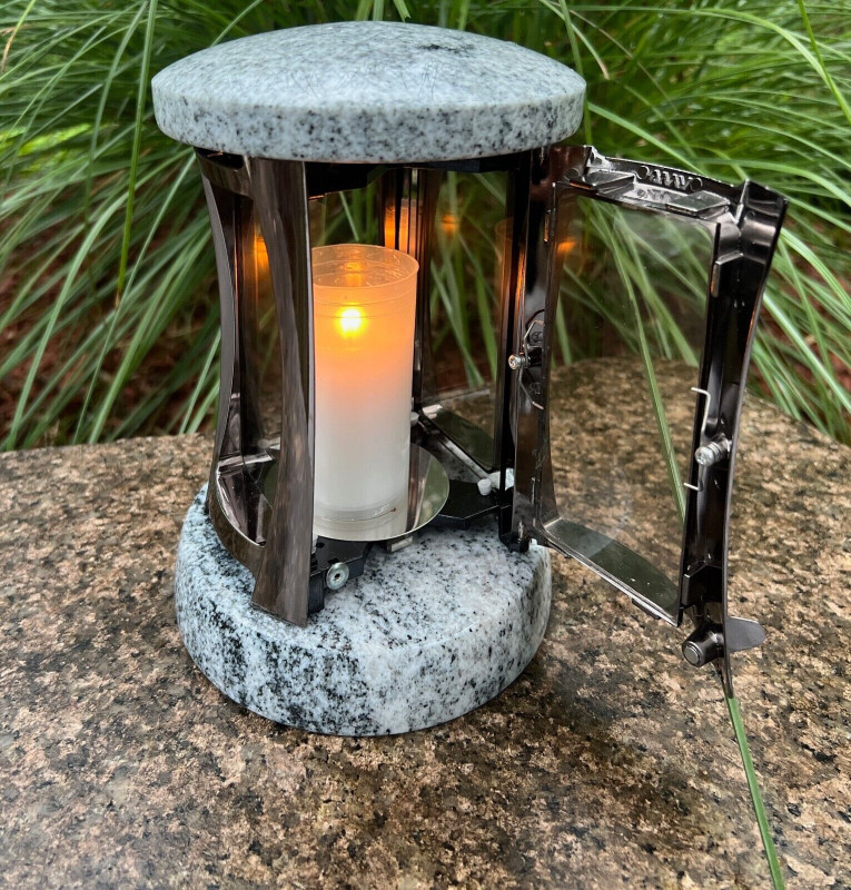 Grablaterne Grablampe Granit Grableuchte Grablicht Edelstahl Sockel Grau Neu